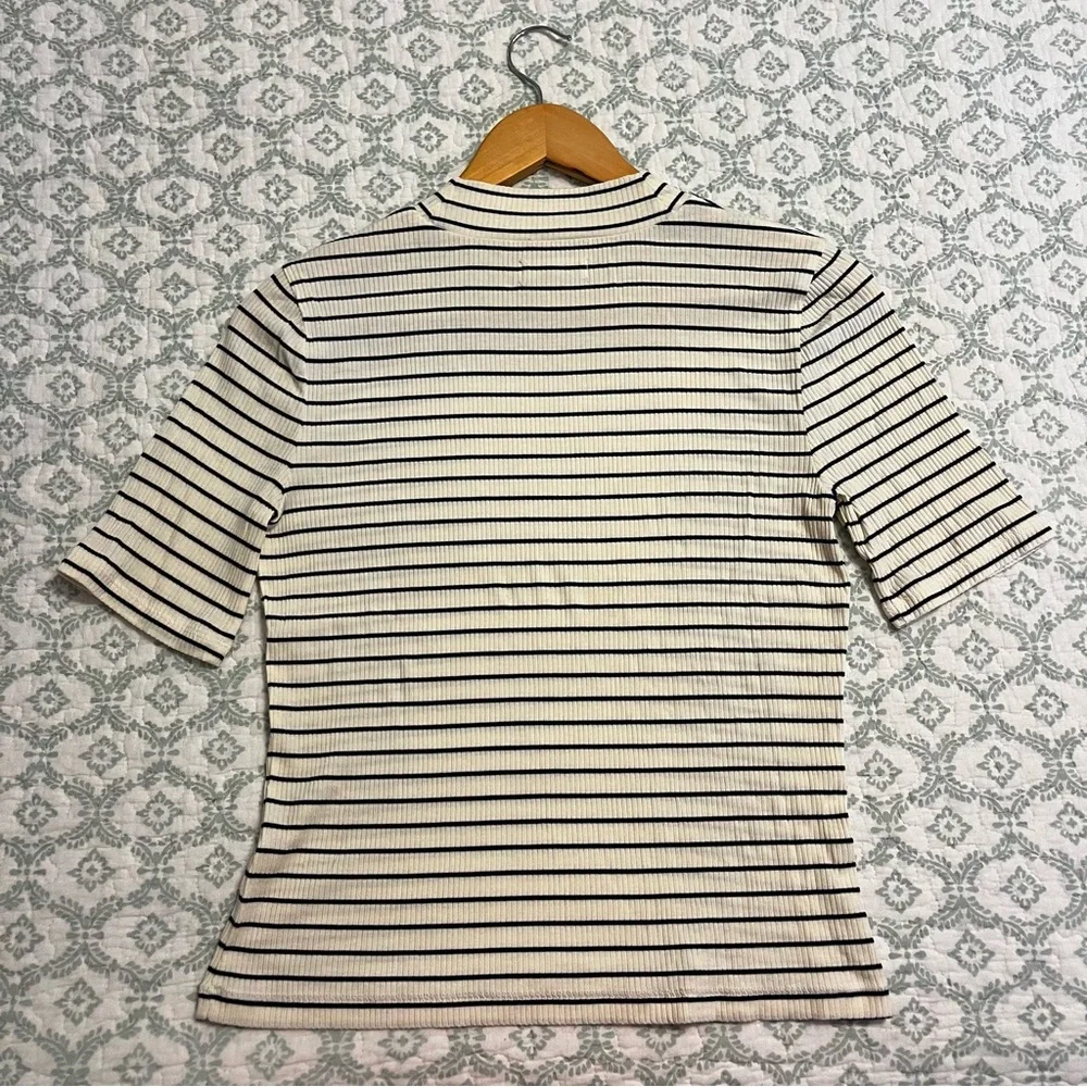 Madewell Striped Mockneck Ribbed Short Sleeve Top, Size Medium - Picture 8 of 8